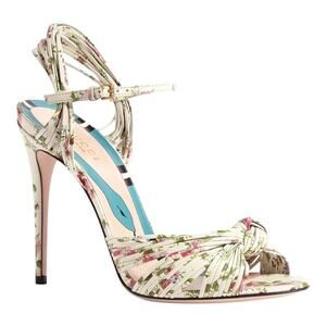 Gucci Knotted Ivory Floral Leather Heels Size 35.5 Wedding Strappy Sandals | NEW